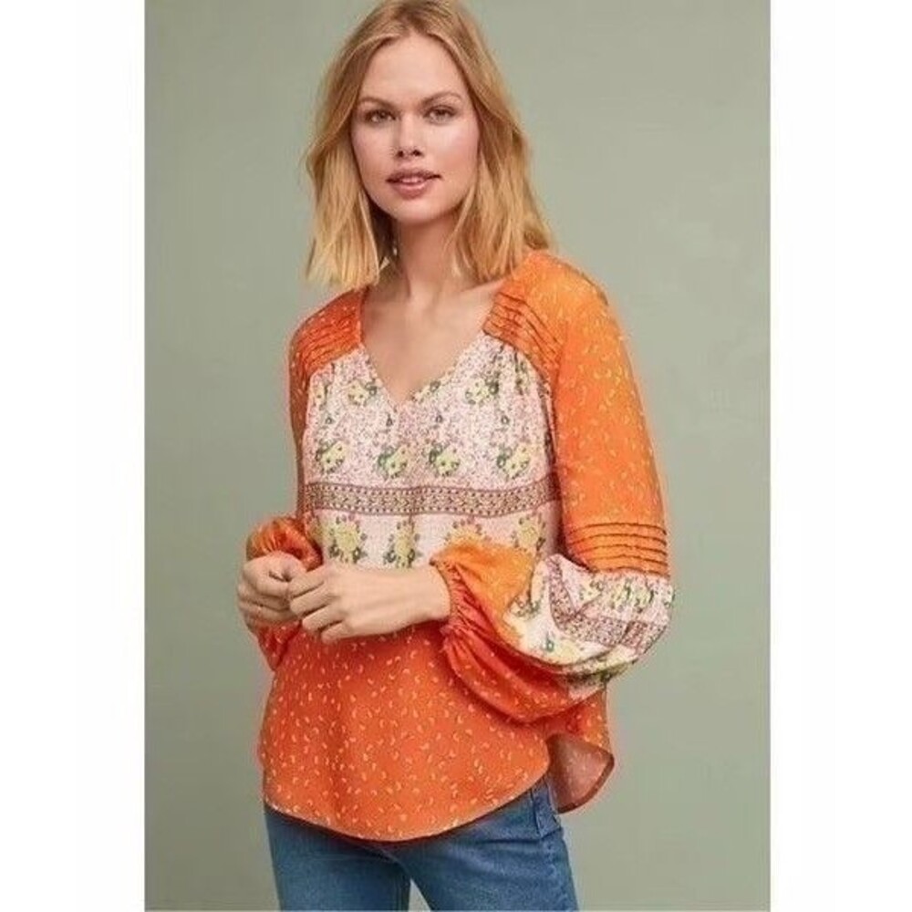Maeve Womens Medium Top Ceresco Peasant Boho Orange Floral Balloon Sleeve NEW